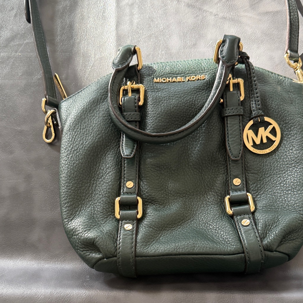 Michael Kors Dark Green Shoulder Bag With Gold Accents
